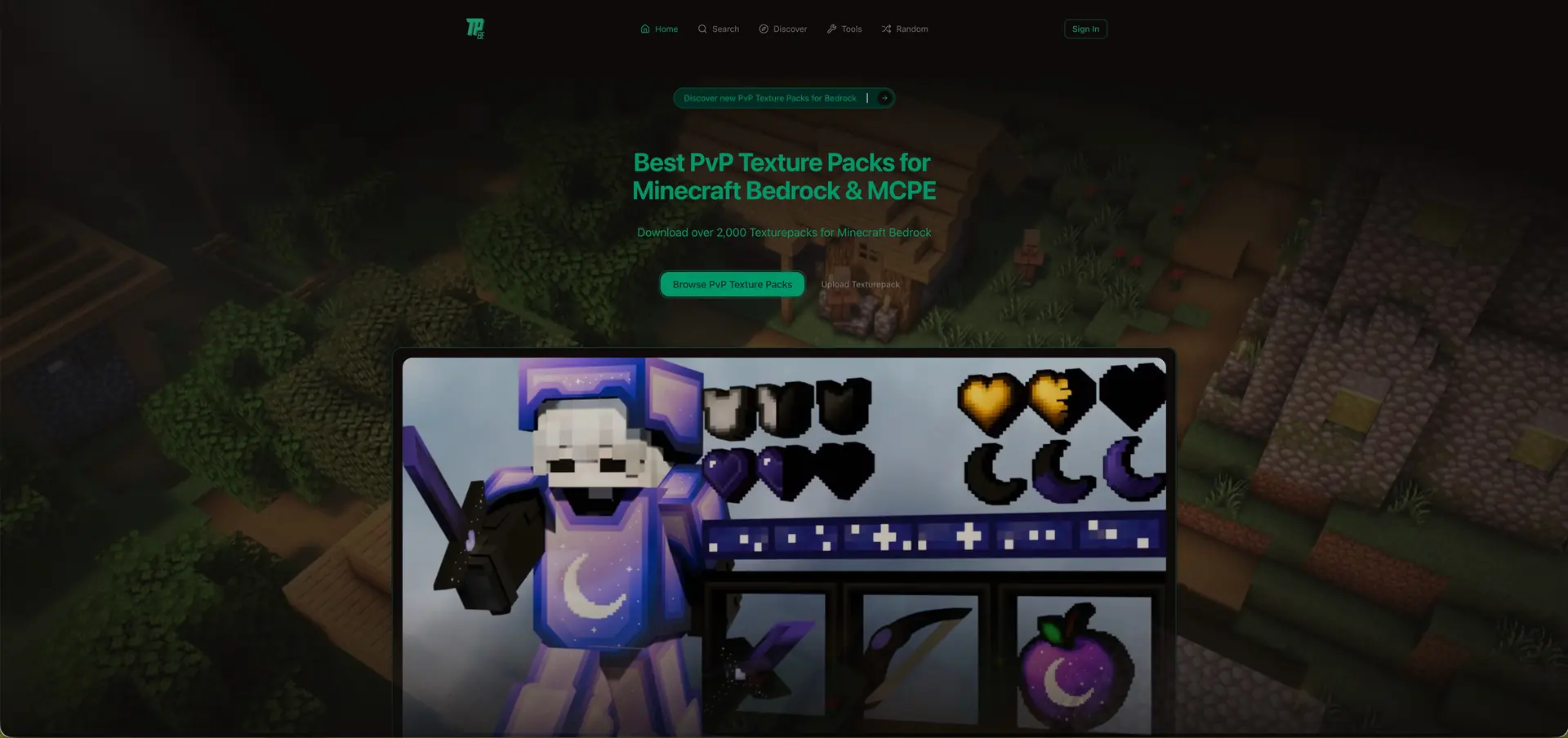 Texturepack.BE homepage with Minecraft Bedrock pack discovery and a featured PvP pack